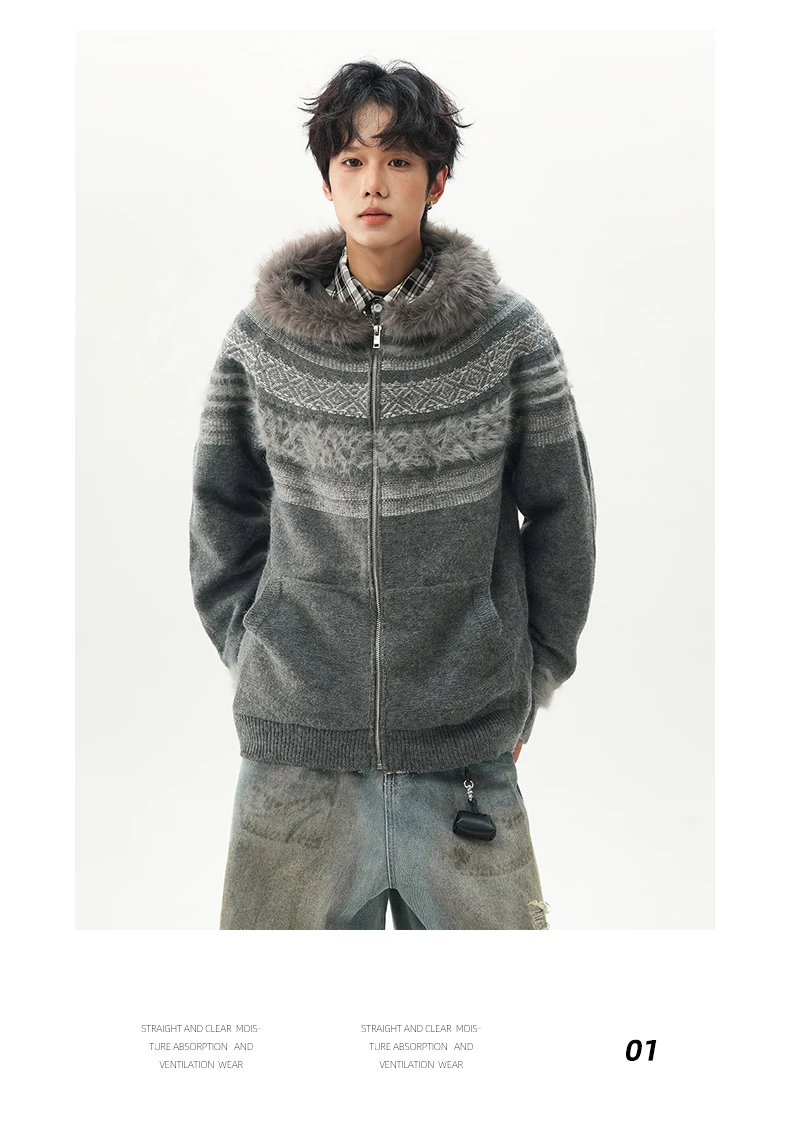 2025 New American Retro Autumn Winter Sweater Stylish Men's Youth Trendy Hooded Knitted Cardigan Jacket Couple Matching