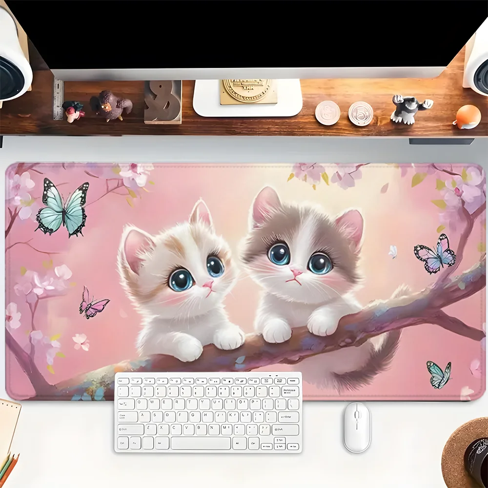 

Cute Cat Pink Mouse Pad XXL Gaming Mousepad Rubber Base with Stitched Edge Non-Slip Desk Pad Computer Large Desk Accessories