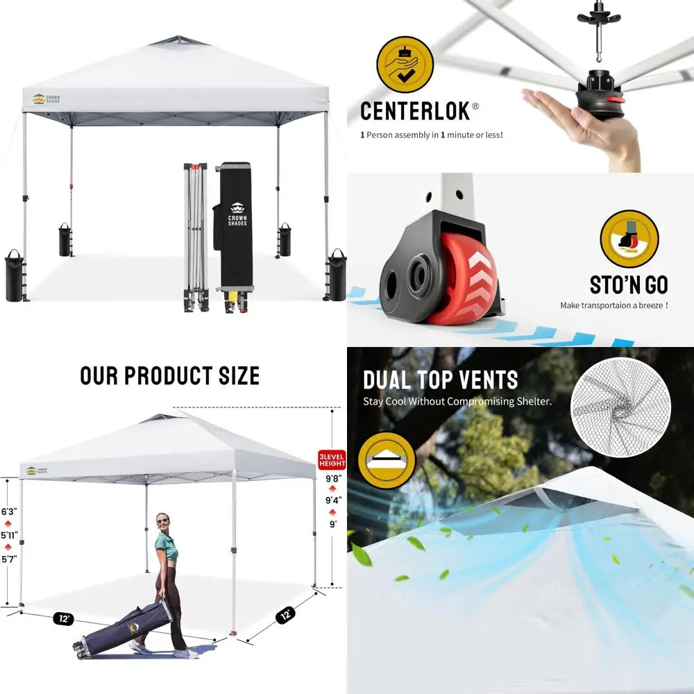 

Pop Up Canopy 12x12 Outdoor Shelter with Wheeled Bag, Easy Setup, 8 Stakes and 4 Ropes Included for Enhanced Stability