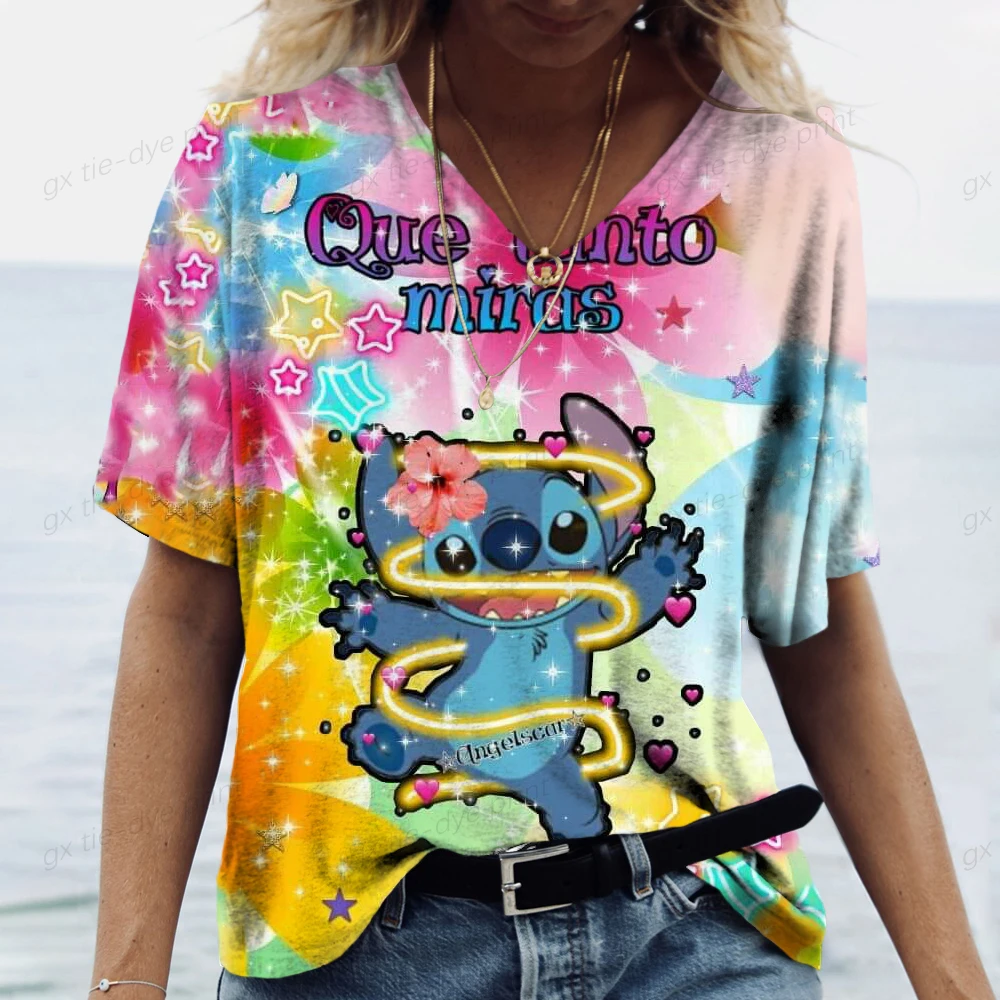 Summer Casual V-neck T-shirt Women\'s Disney Print Shirt Top Loose Stitch Women\'s Street Wear Short Sleeve Clothes S-5XL