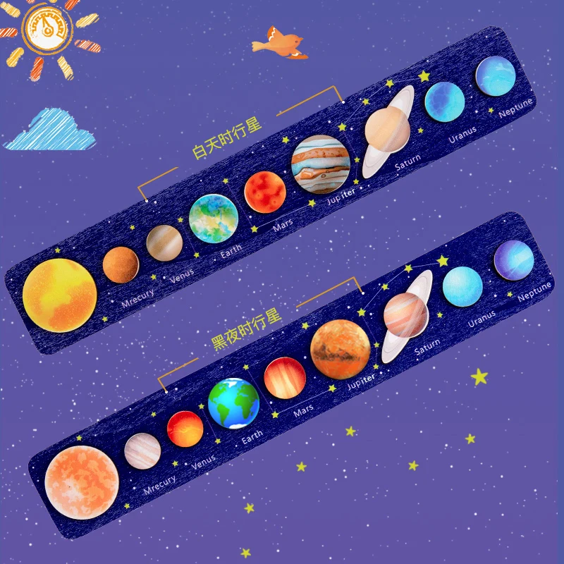 Children Wooden Space Planet Puzzles Montessori Toys Planet Matching Game Jigsaw Tray Universe Solar System Science Learning Toy