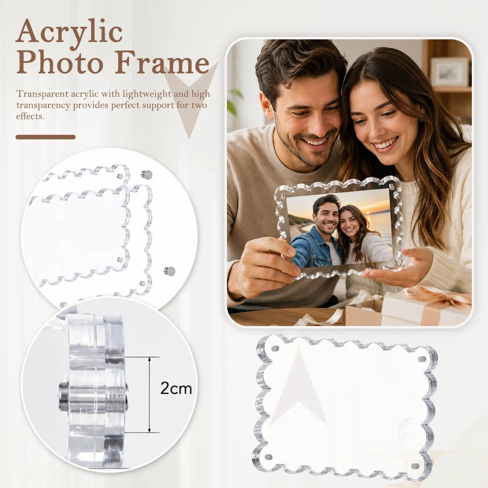3 Pack Acrylic Picture Frame, Magnetic Picture Frames,Double Sided,Clear Photo Scalloped Frames Freestanding for Desktop Display
