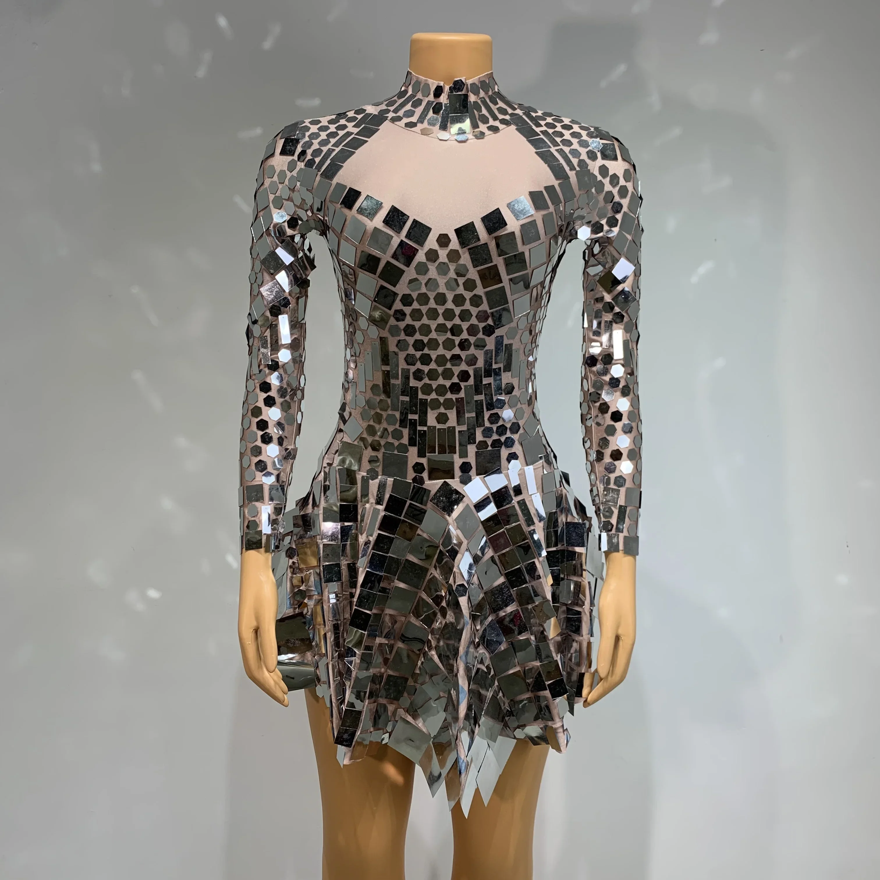 

Performance Dance Singer Costume Night Club Party Ball Gown Women Stage Wear Flashing Silver Mirrors Spandex Stretch Mini Dress
