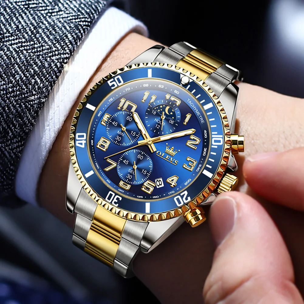 OLEVS New Chronograph Sports Men Quartz Watches Stainless Steel Waterproof Watch for Men Luminous Moon Phases Watch Relogio