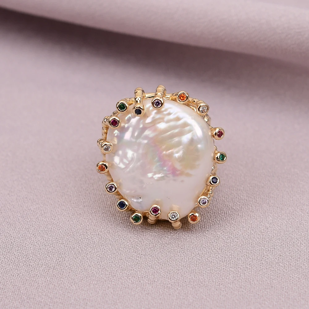 خاتم نسائي مطلي بالذهب ، مزيج الألوان ، مرصع بالزركونيا المكعّب ، عملة كيشي بيضاء طبيعية ، خواتم اللؤلؤ ، هدايا مجوهرات العيد