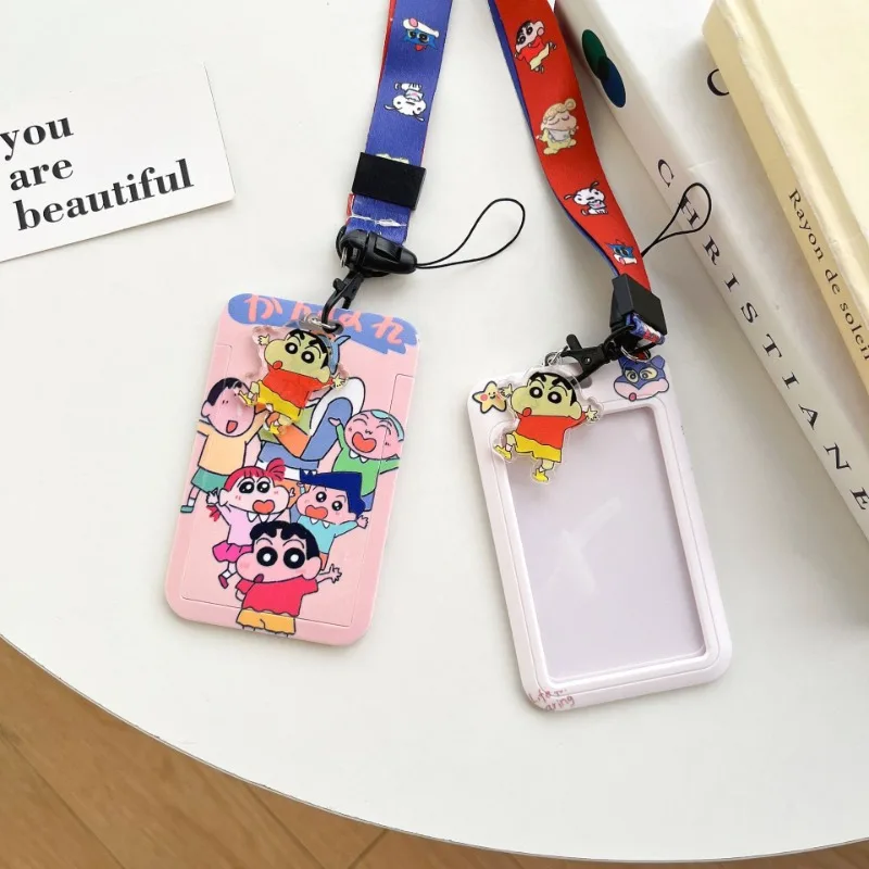 Bandai Crayon Shin-chan Cartoon Long Rope Badge Card Holder Sliding Student Card Protective Case School Bag Pendant Keychain