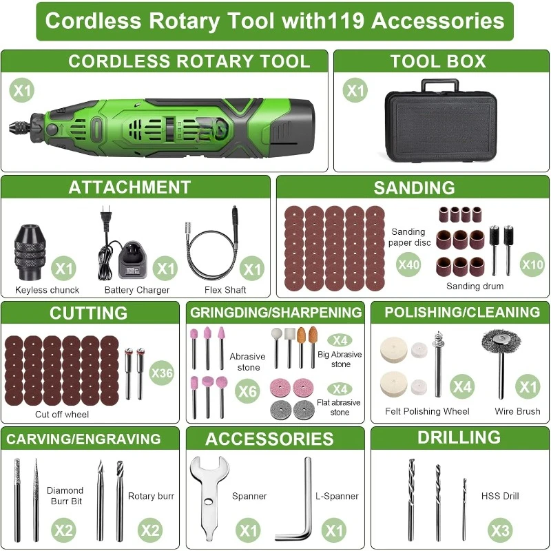 12V Cordless Rotary Tool Kit with Keyless Chuck, 6-Speeds 5000-32000RPM, 119 Accessories with Flex Shaft