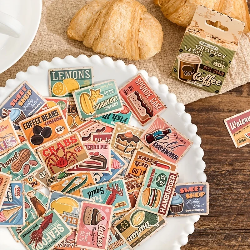 45pcs/Box Paper Stickers Vintage Label Food Coffee Fruit Cake Drinks Decorative Stickers for Collage Scrapbooking DIY Journaling