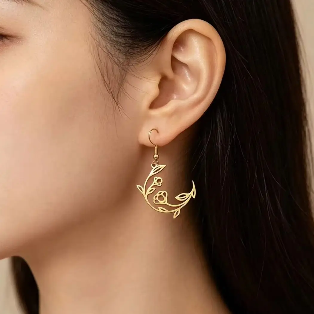 Fashion Crescent Floral Vine Pendant Earrings for Women Stainless Steel Hollow Romantic Tassels Ear Cartilage Puncture Jewelry