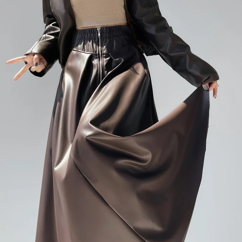 

Двусторонняя юбка-миди из искусственной кожи с высокой талией — женские юбки-трапеции 2-в-1 и тюльпаны, двусторонняя одежда на осень-зиму 2023 г.