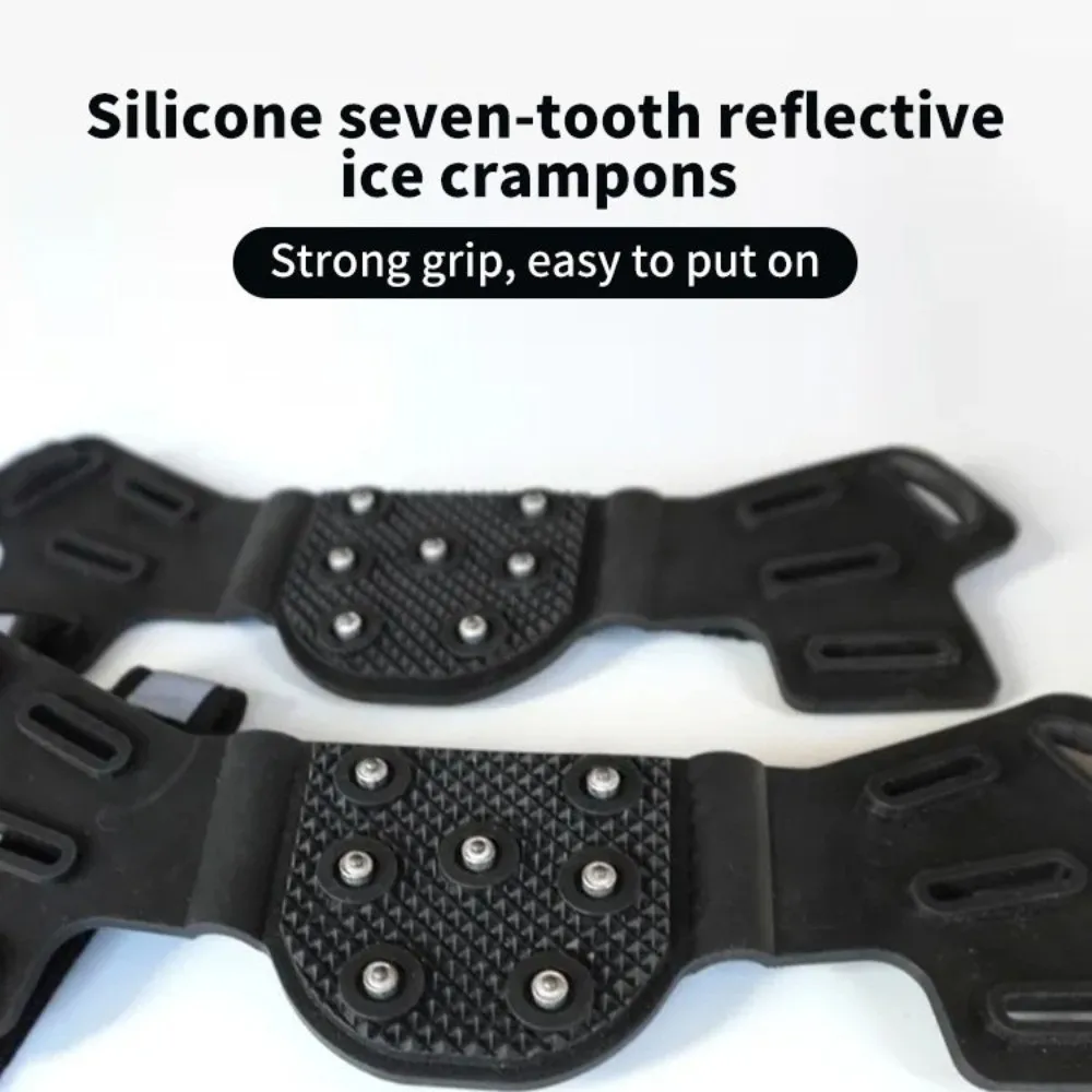 1 Pair 7 Spikes Ice Cleats Reflective Stripes Non-Slip Traction Crampon Spikes Adjustable Straps Universal Fit