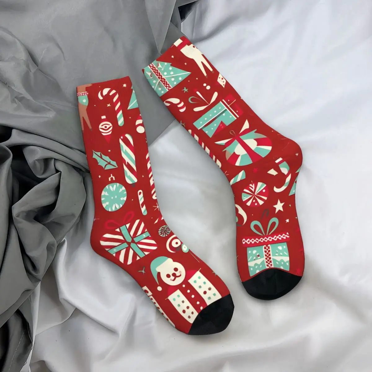 Unisex Retro Natal Motif Padrão Meias, Men's Compression Crew Sock, Harajuku Impresso, Novidade