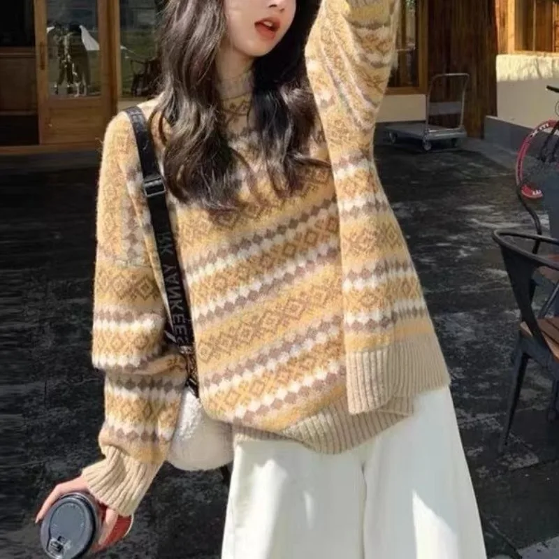 Women's Pullover Stripe Patchwork Knit Autumn and Winter New Vintage young style Round Neck Long Sleeve Loose Relaxed Sweater