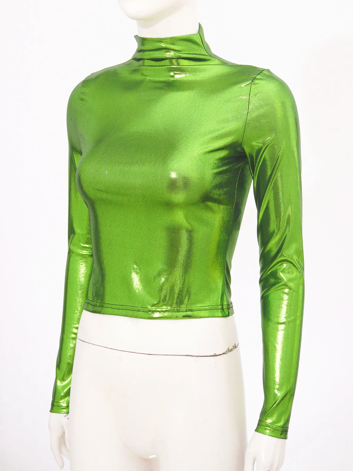 Women's Holographic T-shirt Metallic Tee Slim Fit Mock Neck Tops Club Party Music Festival Costume Long Sleeve Fashion Shiny To