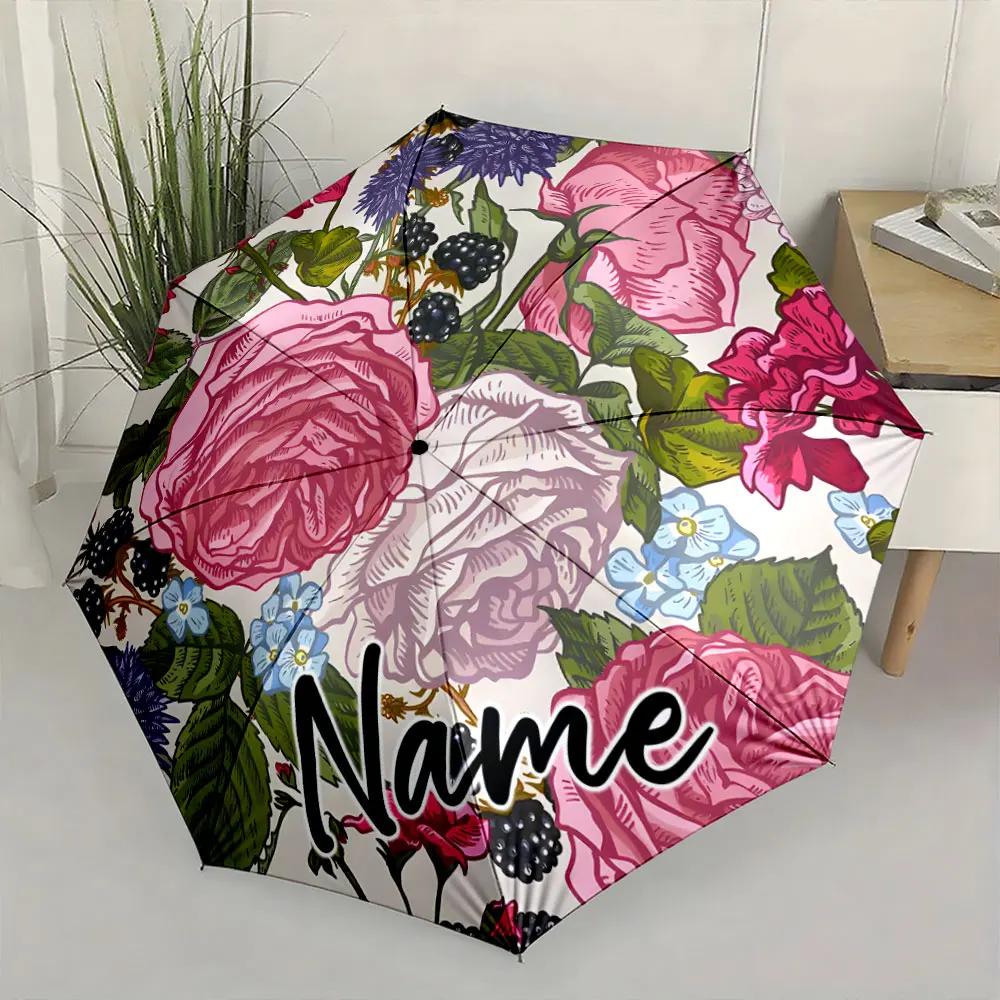 Custom Name Floral Umbrella with Custom Name Design 8 Iron Ribs Folding Umbrella Auto-Open Fashionable Sunshade Deluxe Gift