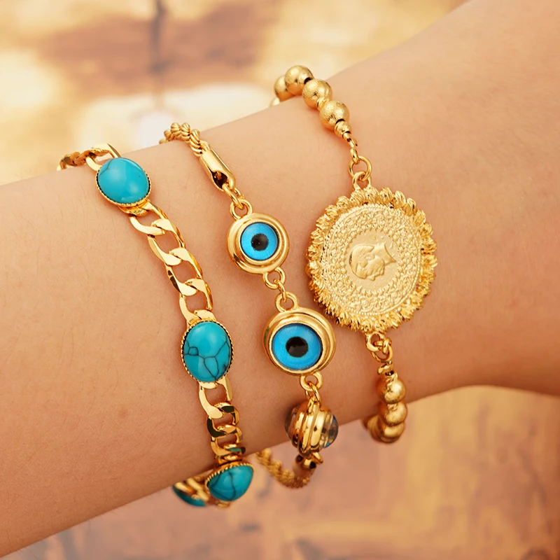 New Gold Plated Beads Chain Necklace Ottoman Turkish Coin Bangles Ethnic Wedding Jewelry Lucky Charm Bracelets for Women