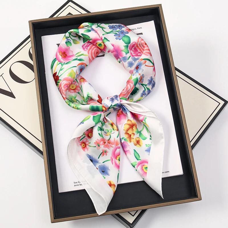 Luxury Spring Cute Pink Flower Print Designer Scarf Women 70x70cm Silk Scarves Bandana Neckerchief Shawl Kerchief