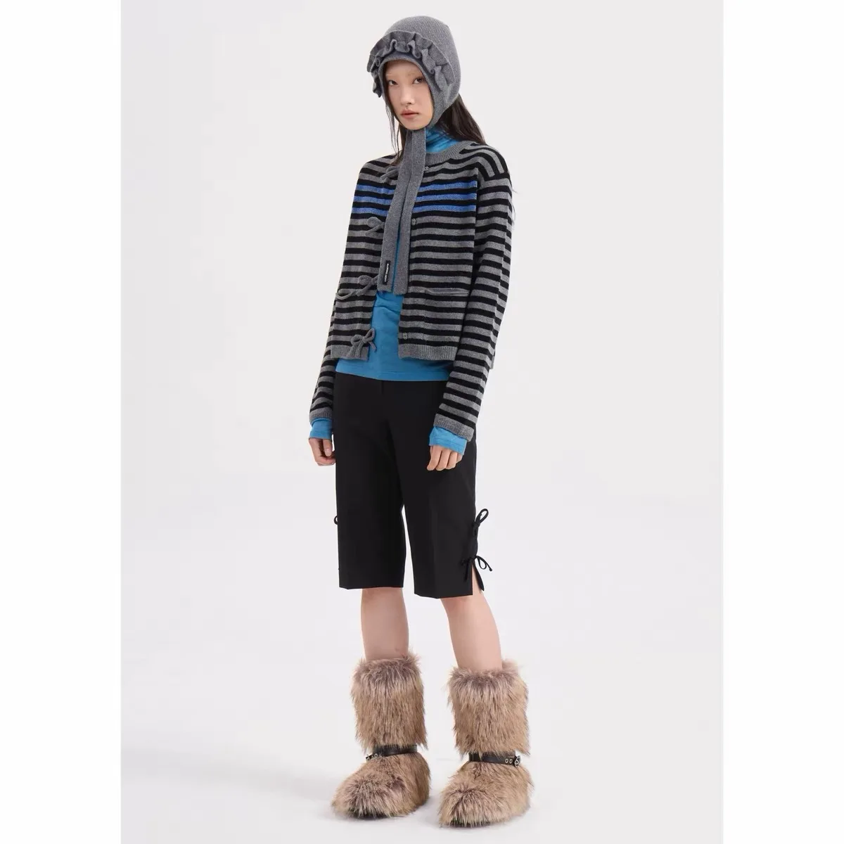 Lemon Cheese LUC26 Autumn Fashion round Neck Color Block Striped  Knot Youthful All-Match Knitted Open Cardigan