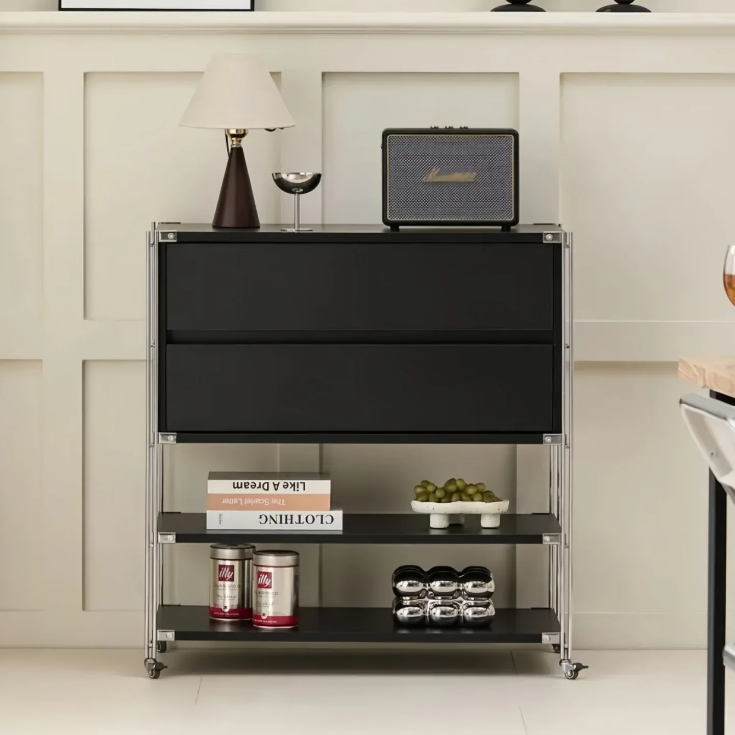 Side Cabinet Living Room Storage Locker Solid Stainless Steel Shelf Black Double Drawer Sofa Side Cabinet