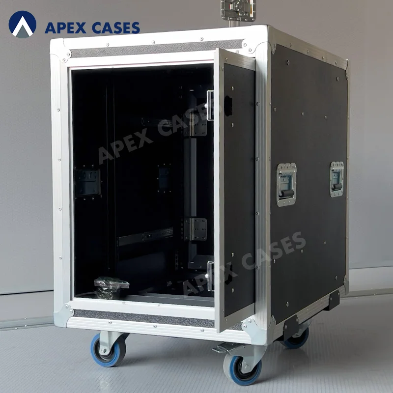 14U Rack Case, Fireproof Laminate Audio Amp Flight Case, Shockproof Road Case with Slam Slide Door Rack, Tour Transport Case