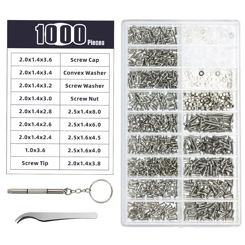 1000PCS/Box Glasses Watch Repair Screws Nuts Kit Box, 18 Kinds of Phillips Micro Screw Sets for Home Watch Repair Tool