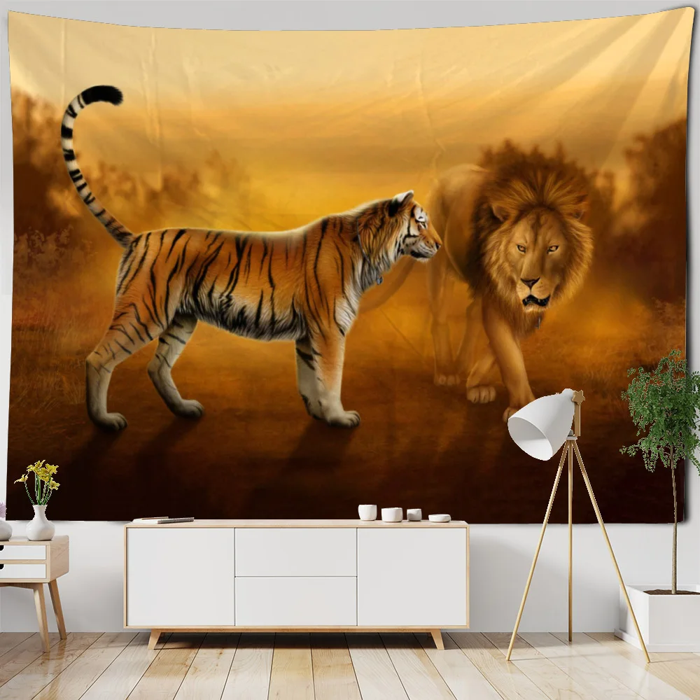 

Animal Art Tapestry Tiger Lion Hippie Wall Decoration Fantasy Cartoon Room Decoration Bohemian Home Background Cloth Picnic Mat