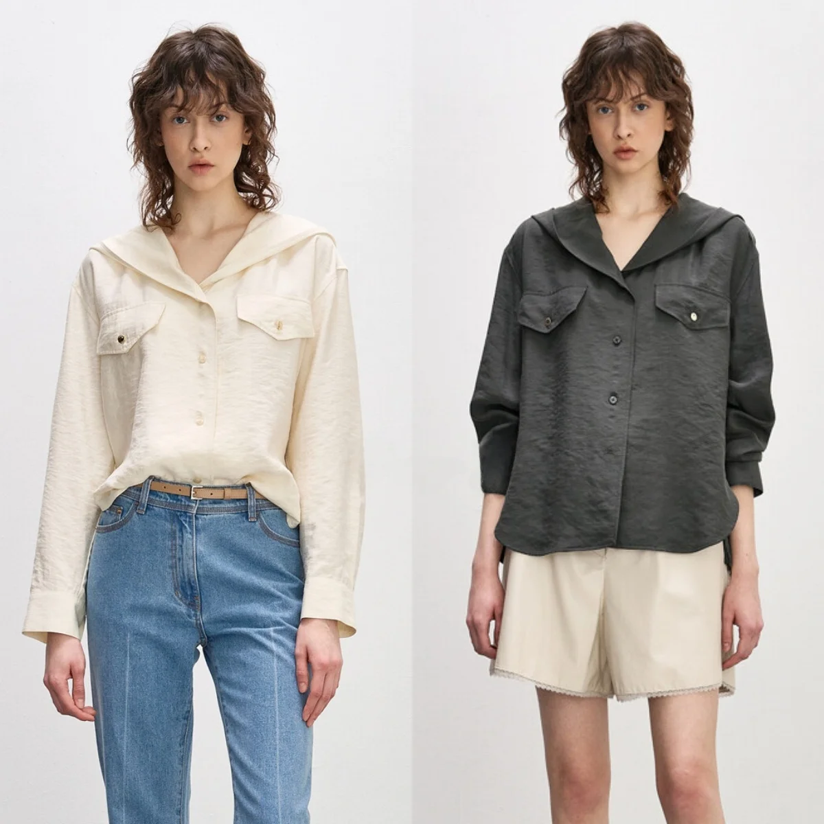 

Asymmetric Open Split Hooded Commute Versatile Slimming Top Shirt Outerwear Korean Style Long Sleeve Pure Color Button Detail