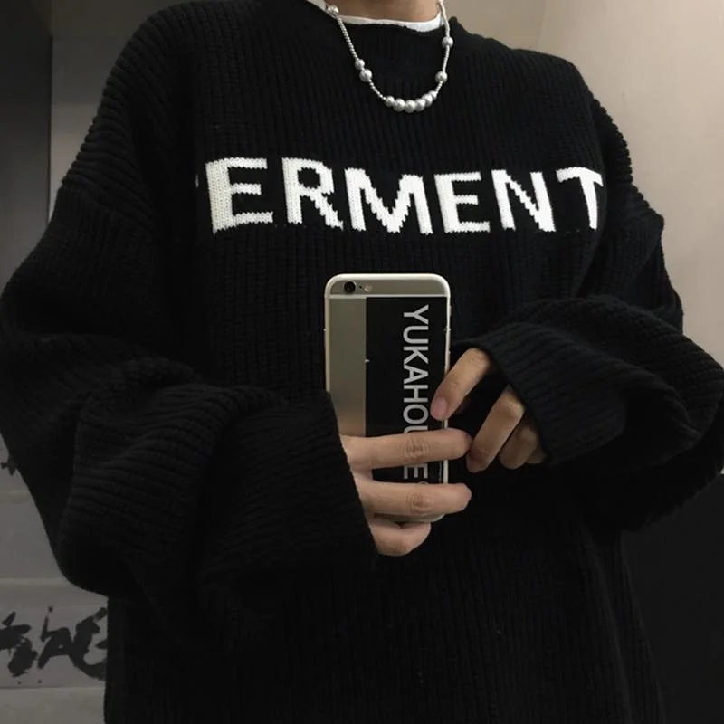 Men Sweater Autumn Winter Male Students Retro Letter Jacquard Round Neck Long Sleeves Couple Loose Pullover Sweaters Women Tops