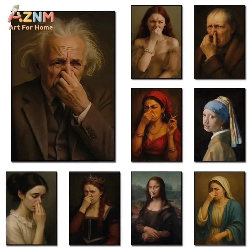 Funny Classic Characters Hold Nose Canvas Painting Einstein Mona Lisa Pearl Earring Lady Spoof Vintage Poster Bathroom Restroom