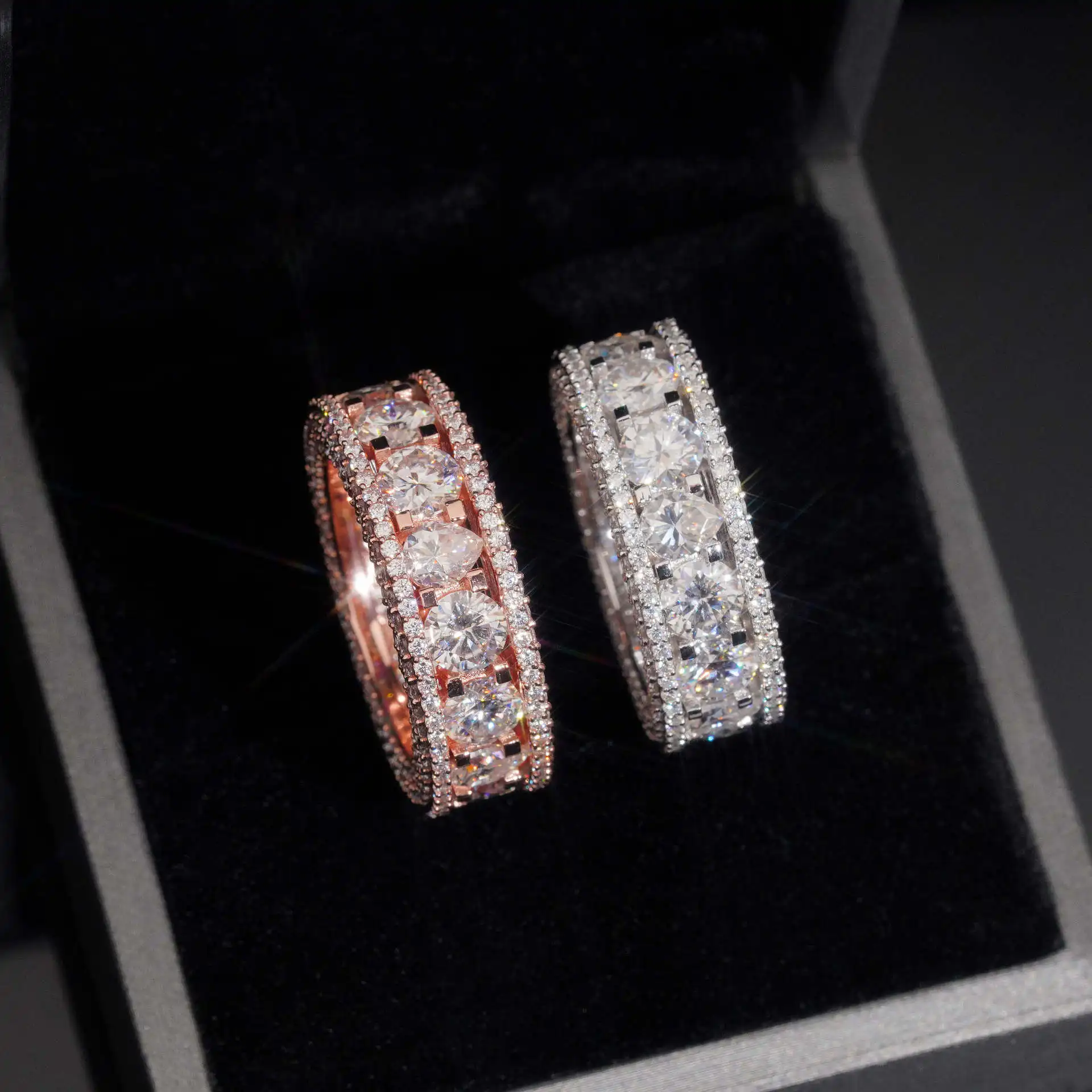 Iced Out Moissanite Eternity Ring 925 Sterling Silver Full Pave Diamond Band Two Tone Rose Gold Silver Men Hip Hop Rapper Bling Jewelry