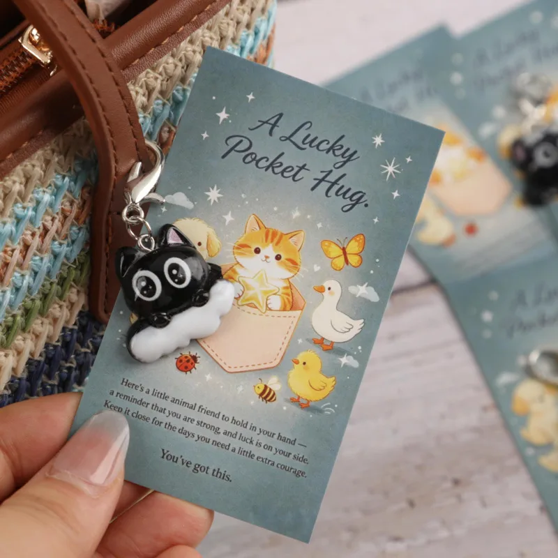 10pcs 2dCute Cat Series Keychain Set Comes with a lucky hug card Healing Animal Bag Charm，Heartfelt Lucky Souvenir Gift，Girl、Wom