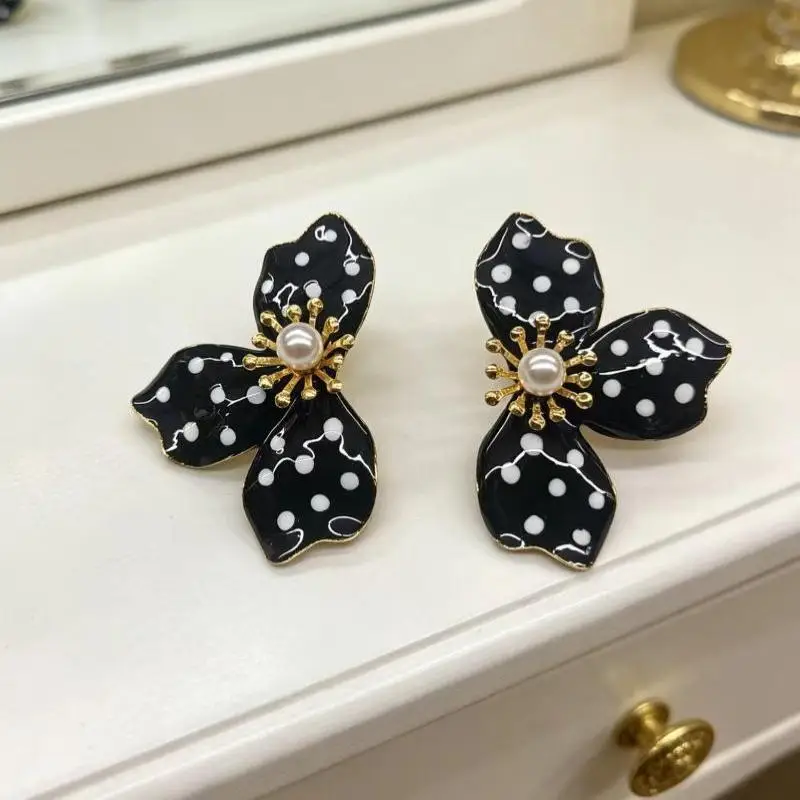 Orange Polka Dot Flower Stud Earrings Faux Pearl Center Gold Edged Design For Daily Wear Vacations Parties