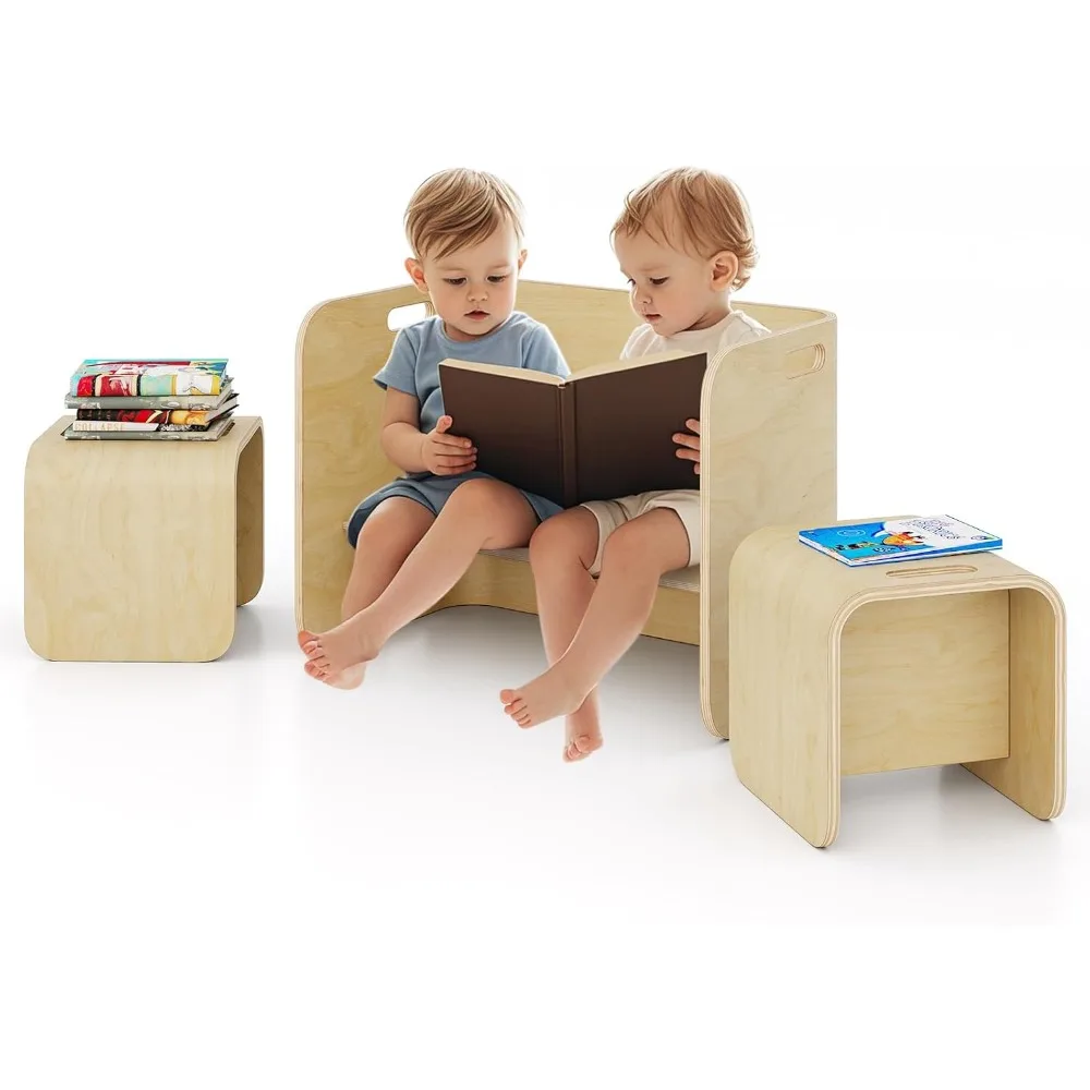 Kids Table and Chair Set, 4 in 1 Wood Activity Table, Bench, Storage Shelves, Desk for Children Reading, Arts, Crafts