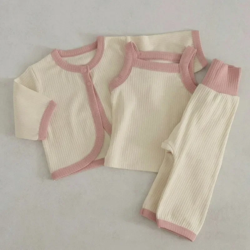 New Spring/Summer Baby Clothing Set Toddler Girls Camisole+Big Butt Pants+Cardigan 3PCS Loungewear Infant Cotton Home Sleepwear