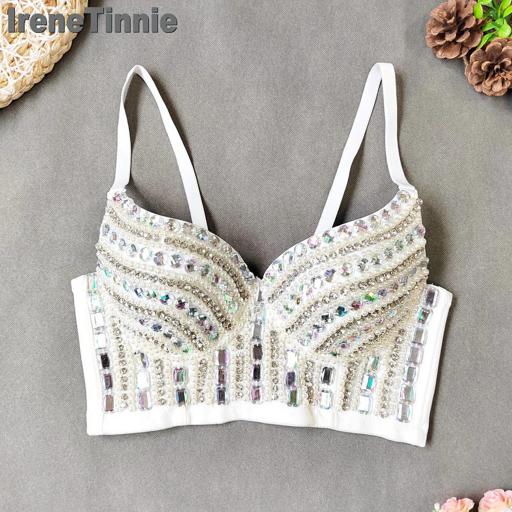 IRENE TINNIE Diamond Rivet Bralette Crop Top Sparkle Crystal Rhinestone Corset Bustier Party Ballroom Club Sexy Push Up Bra Top