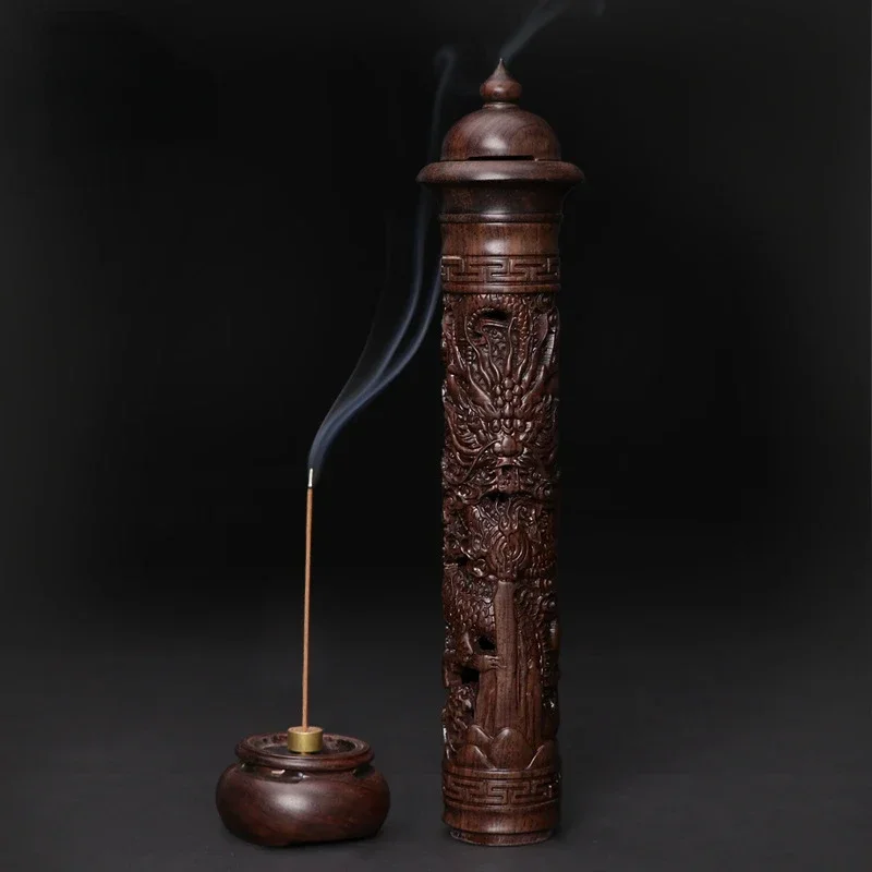 

Hollowed Carving Incense Burner Sandalwood Wooden Crafts Stick Incense Holder Gragon Vertical Fragrance Box for Home Decor