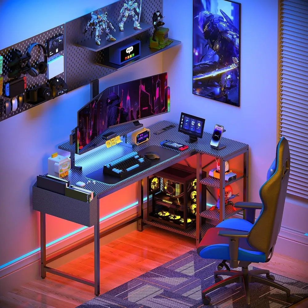 LED-Illuminated L-Shaped Gaming Desk with Adjustable Monitor Stand, Power Outlet, and Storage for 40-inch Reversible Computer De