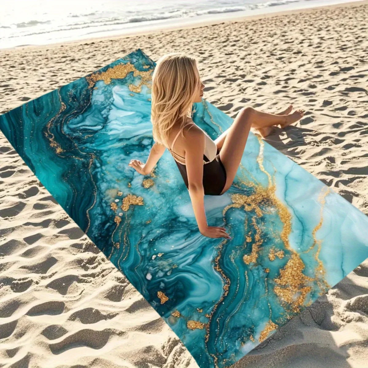 

1 шт. очень большое быстросохнущее полотенце для ванной и пляжа — роскошный узор в стиле мрамора бирюзово-синего и золотого цвета, супертонкое волокно, большой прямоугольный размер