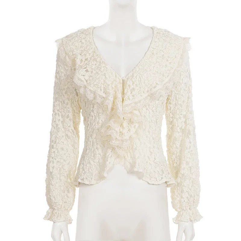 2025 New Fungus Splice Lace Shirt For Women V Neck Lantern Sleeve Ruched Top Cardigan Elegant Commuting Female Blouses Fashion