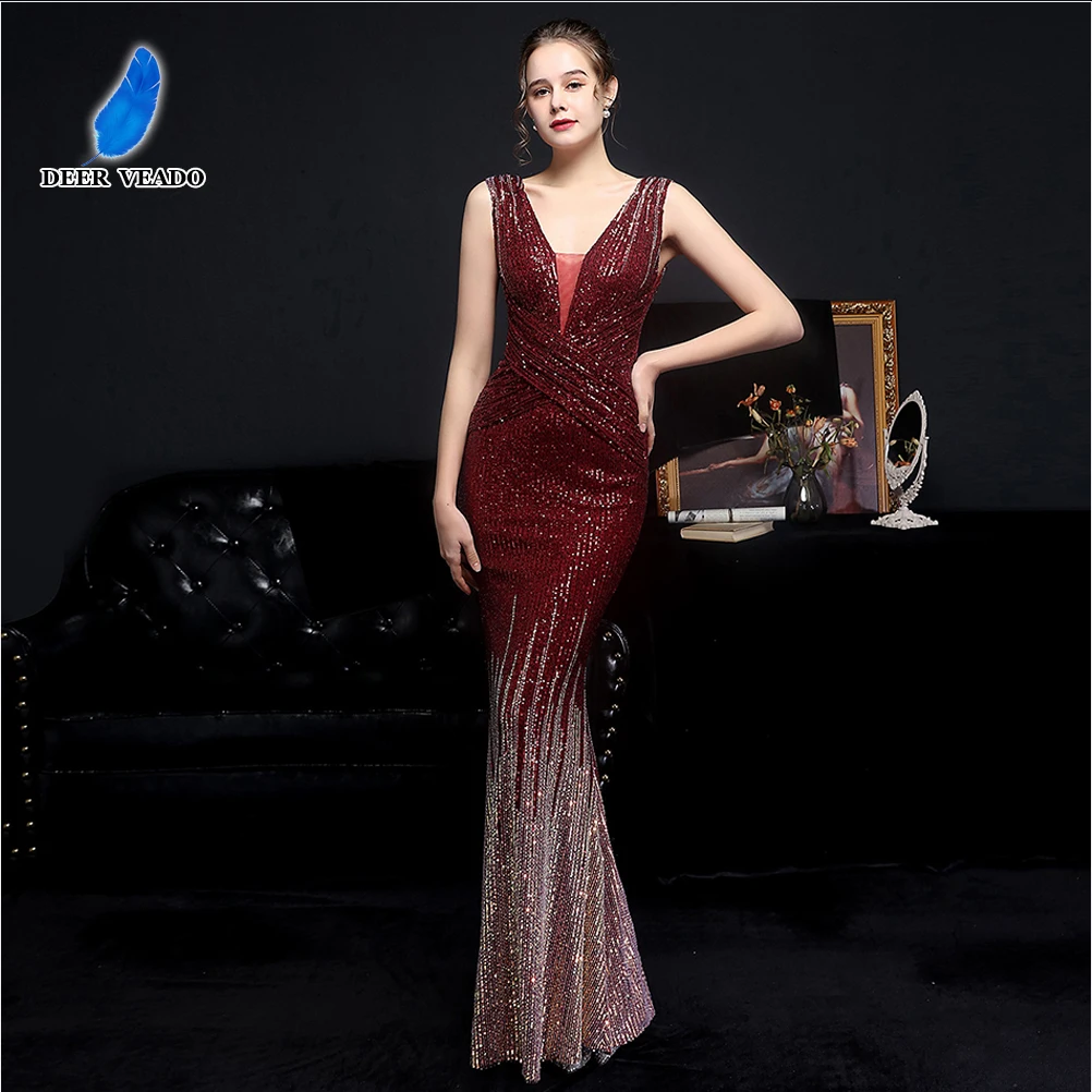 

DEERVEADO Mermaid Sequins Evening Dress for Woman Elegant Wedding Party Maxi Dress Special Occasion Dresses