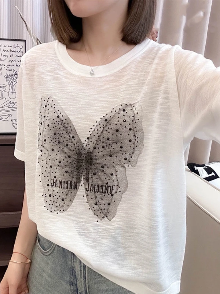 تي شيرت نسائي صيفي جديد Sle مطبوع عليه حجر الراين مستدير Ne ort Sve محبوك فضفاض مناسب للبطن غطاء أنيق...