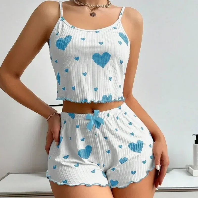 Women's Pajama Set 2-Piece Short Tank Top and Shorts Pijama Mujer White Breathable Soft Casual Love Printed Women's Pajamas