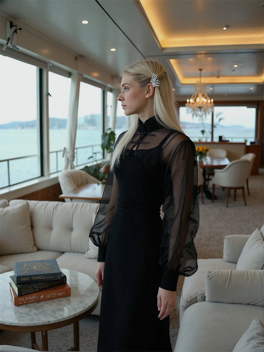 Long Sleeve Women Shirt Ladies Black Mandarin Collar Stand Neck Chinese Front Simple Basic Casual Minimalist Top Button Stylish