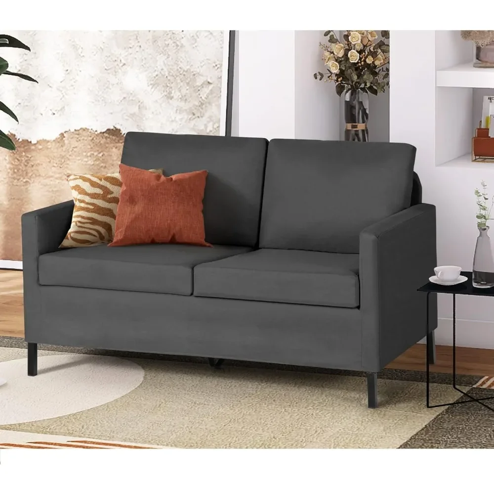 Linen Fabric Modern Small Loveseat Sofa Couch for Living Room, Upholstered 2-Seater Mini Love Seats w/Iron Legs for Small Space