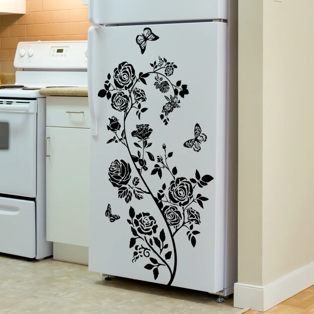 30*60cm Plant Black Flower Butterfly Wall Sticker Living Room Bedroom Fridge Kitchen Restaurant Decorative Mural Wall Sticker