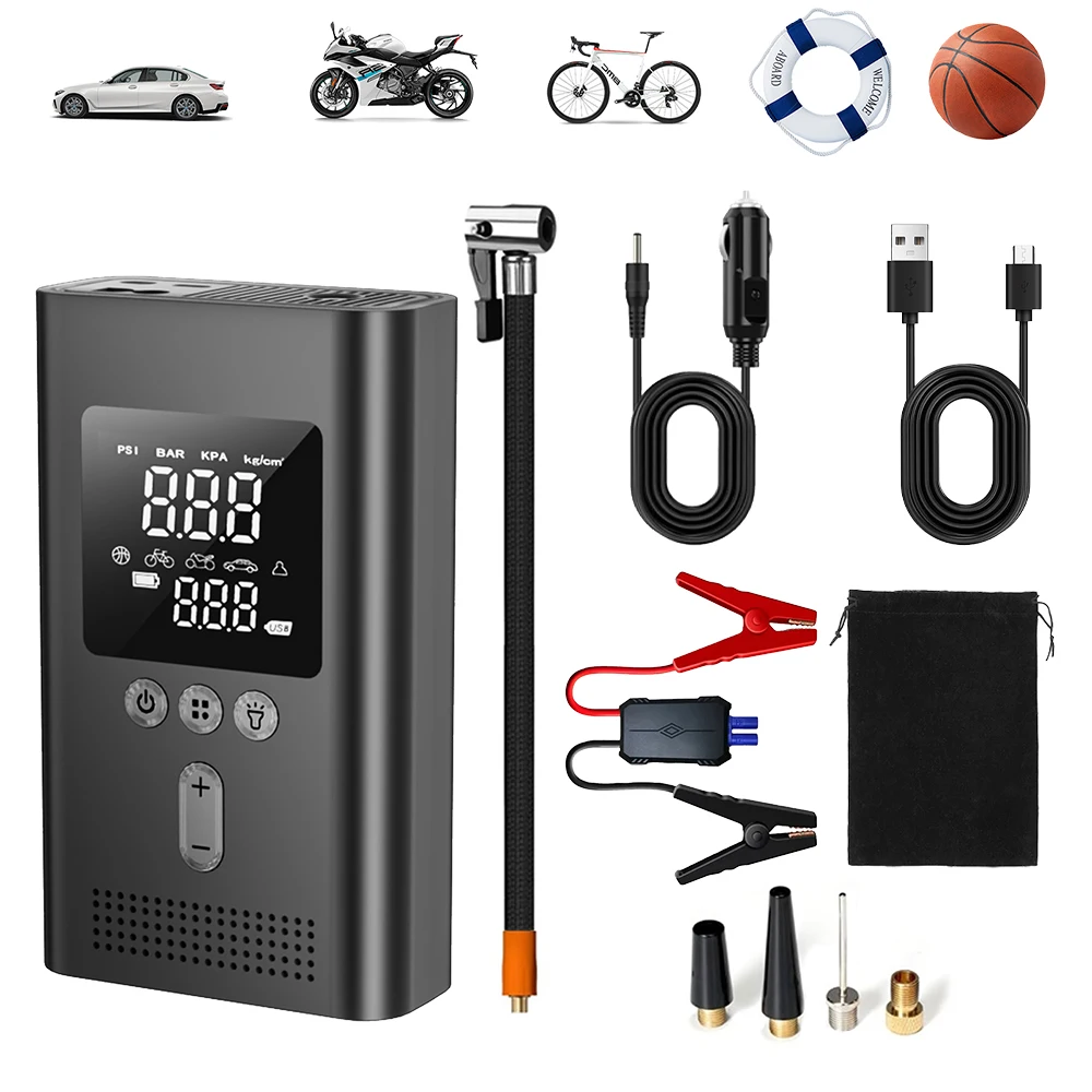 

Portable Car Jump Starter with Air Compressor 150PSI Digital Tire Inflator Car Battery Jump Starter (9.0 Gas/6.5L Diesel) Safe Clamps for Easy Use,