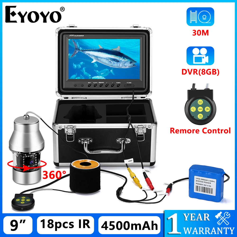 Eyoyo 9 Inch Underwater Ice Fishing Camera Kit With DVR Function 360° Horizontal Rotation Camera 1000TVL Remote Control IR Light