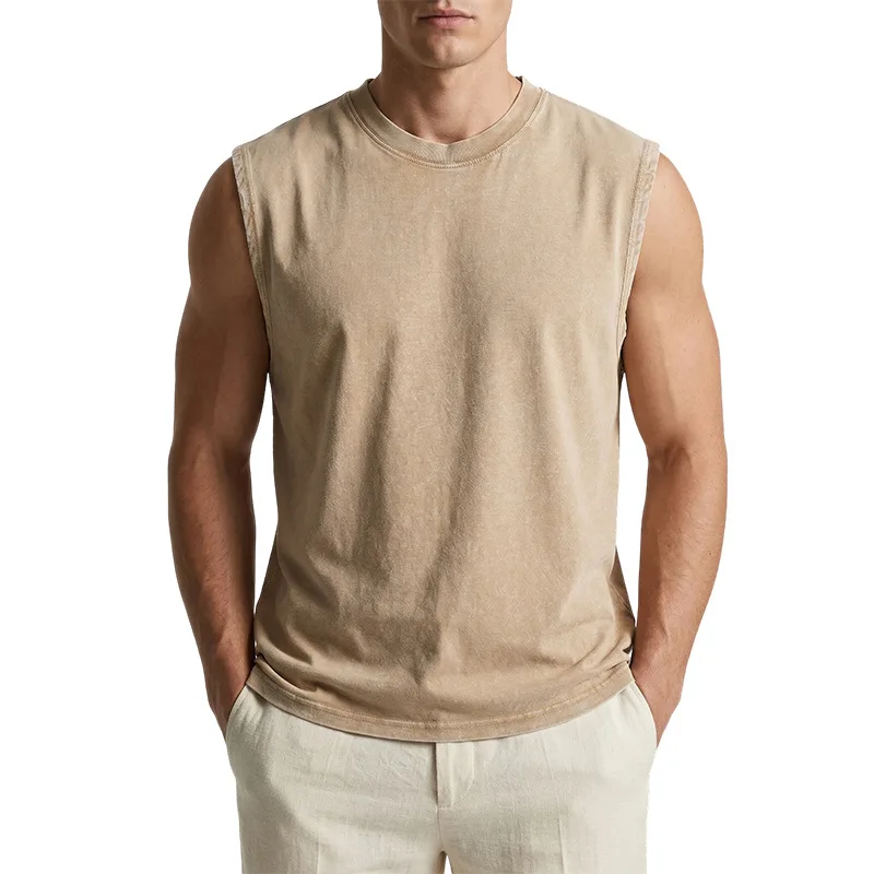 Mens Summer Washed Cotton Tank Top Muscle Gym Sleeveless Workout T Shirt Running Beach Loose Cutoff Breathable Lightweight Tee