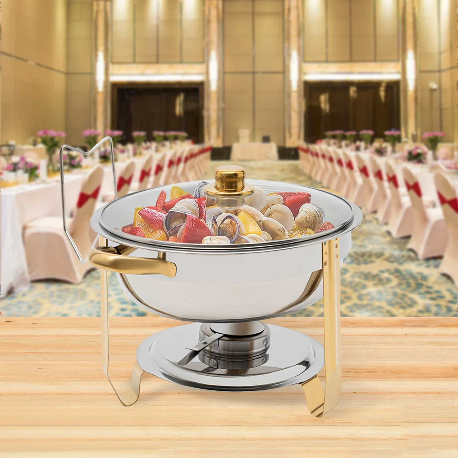 5L Round Chafing Dish Buffet Set, Stainless Steel Round Chafers and Buffet Warmers Sets, Round Catering Chafing Warmer Pan