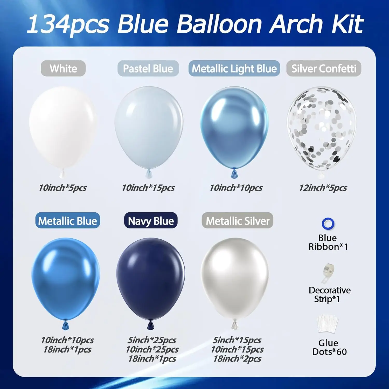Blue Balloon Garland Arch Kit, with Navy Blue Silver White Latex Balloons for Wedding Babyshower Graduation Birthday Party Decor